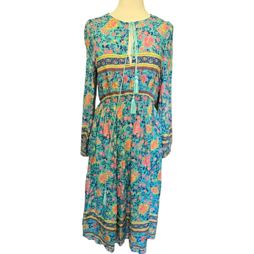 Blue and Pink Long Sleeve Sundress with Bishop Sleeves